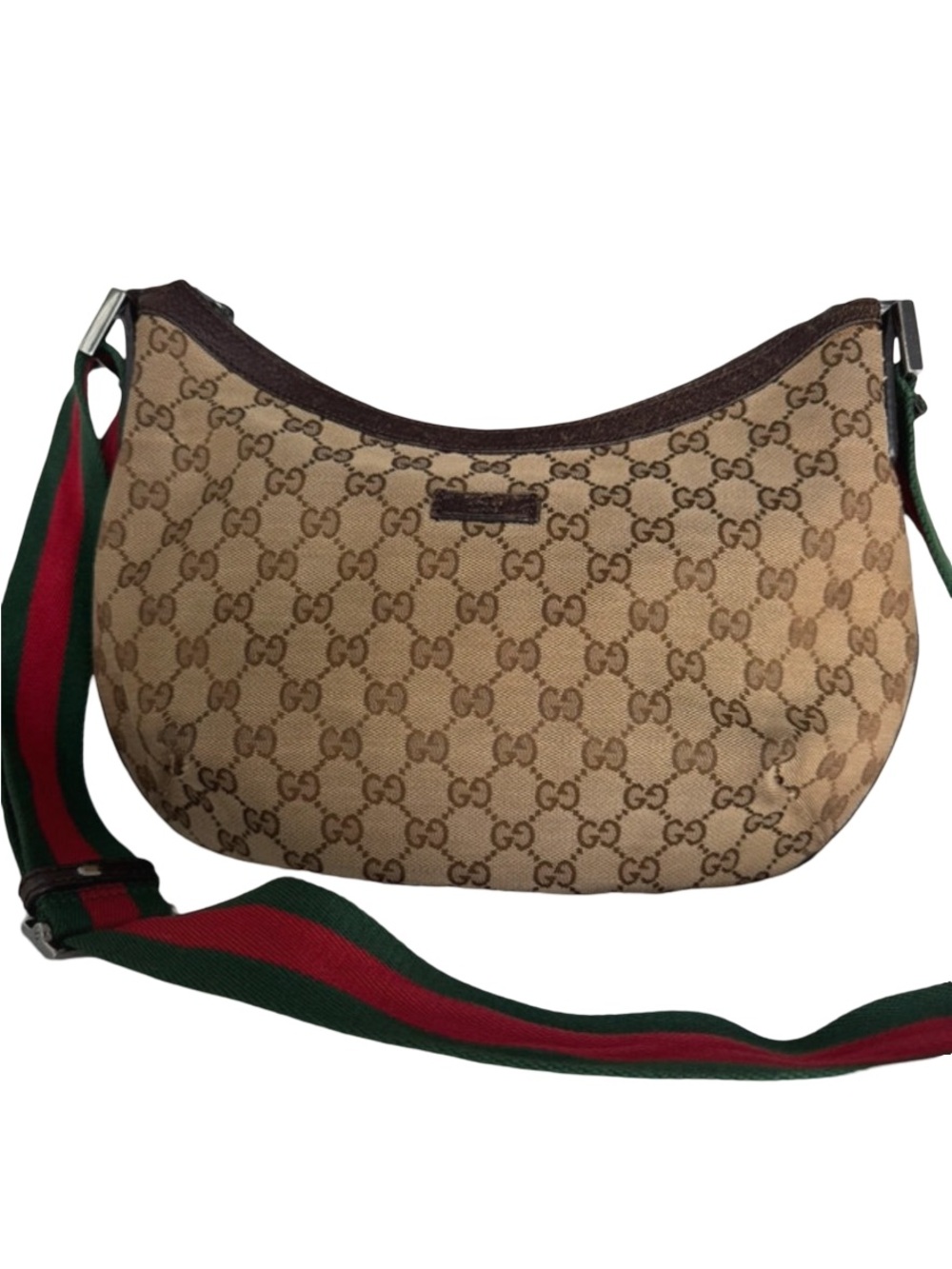 🔥 Authentic Gucci Beige GG Canvas Hobo Bag with Green-Red Web strap half moon - Picture 2 of 16